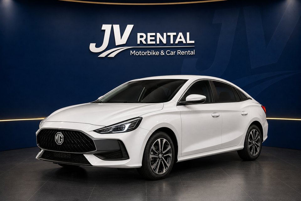 White MG5 automatic rental car premium studio image at JV Rental Phuket